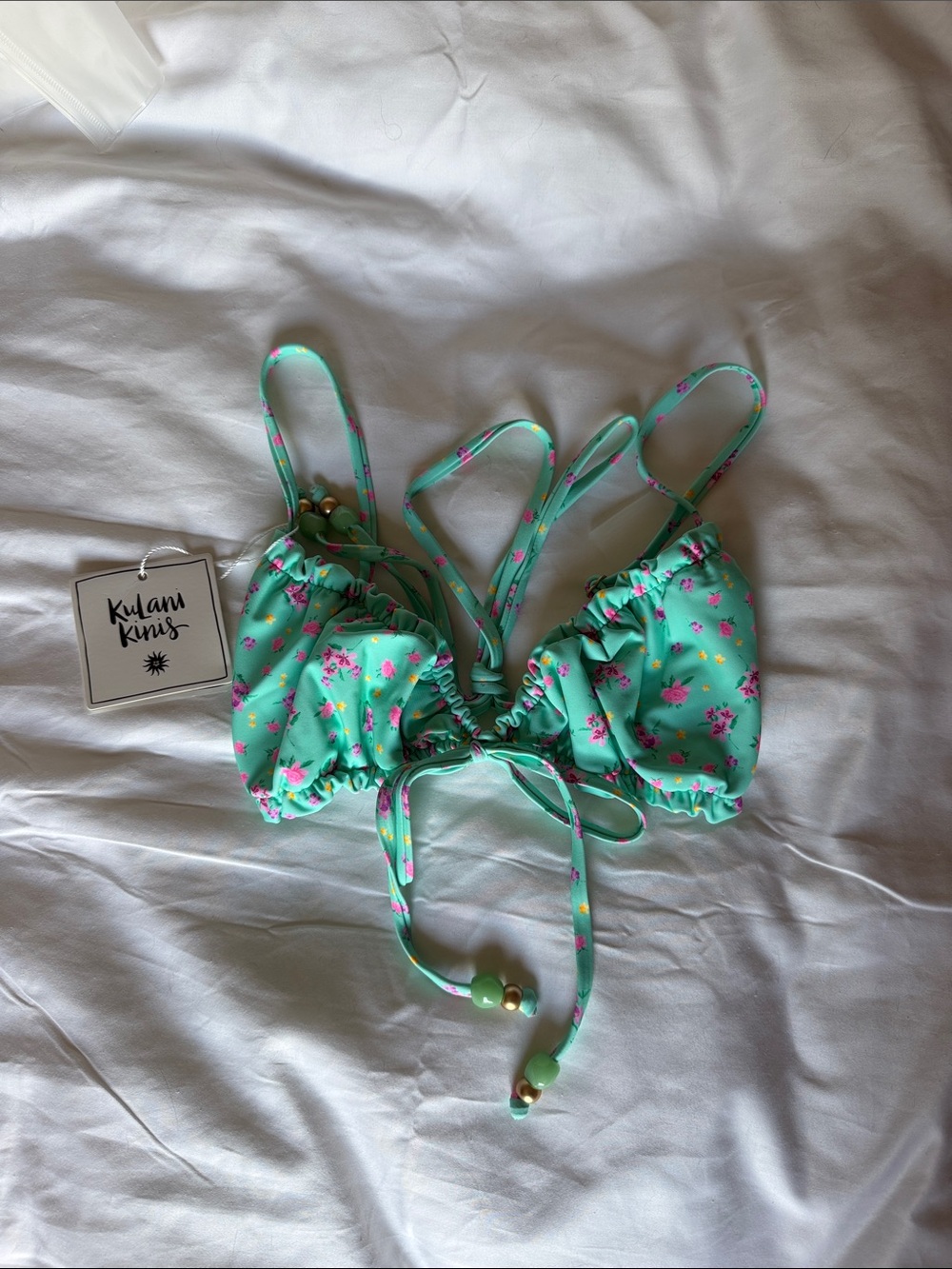 Kulani Kini Rushed Bow Bralette Bikini Top - Mint Macaron NWT Small